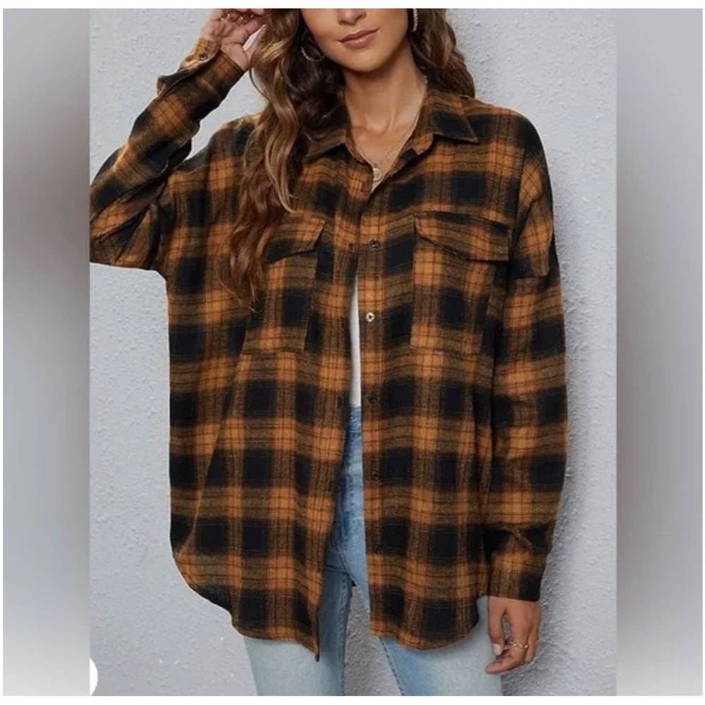 Plaid Flannel Shirt Size L Gold Black Checkered Casual Long Sleeve Oversize